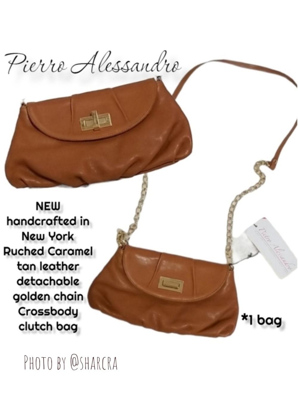 Pierro Alessandro Ruched leather Crossbody bag detachable gold chain cognac tan